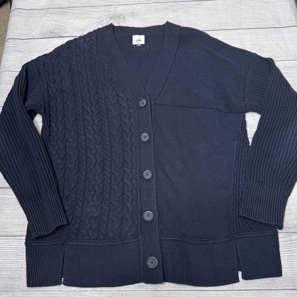 CAbi 6443 Textbook Cardigan Navy Blue Size Medium Sweater Preppy Chunky Cable